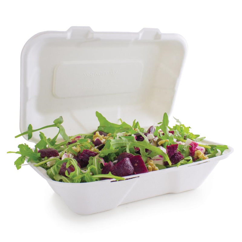 Vegware kompostierbare Bagasse-Mahlzeitenboxen mit Scharnier, 228 mm