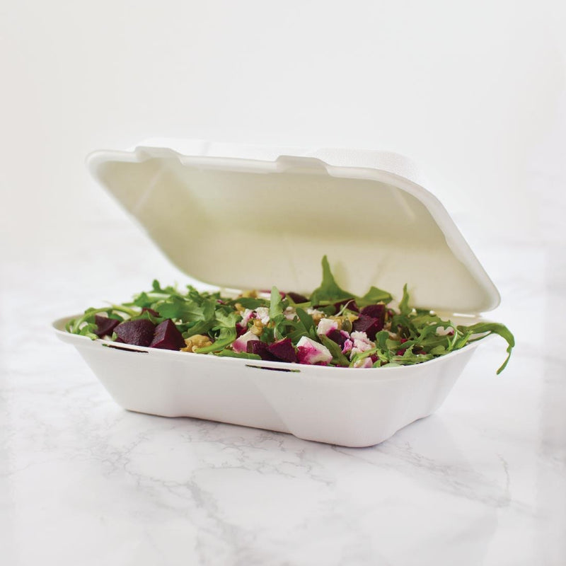 Vegware kompostierbare Bagasse-Mahlzeitenboxen mit Scharnier, 228 mm