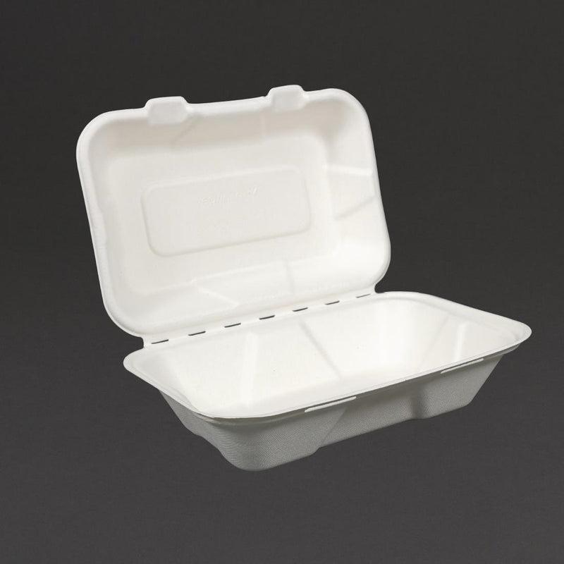 Vegware kompostierbare Bagasse-Mahlzeitenboxen mit Scharnier, 228 mm