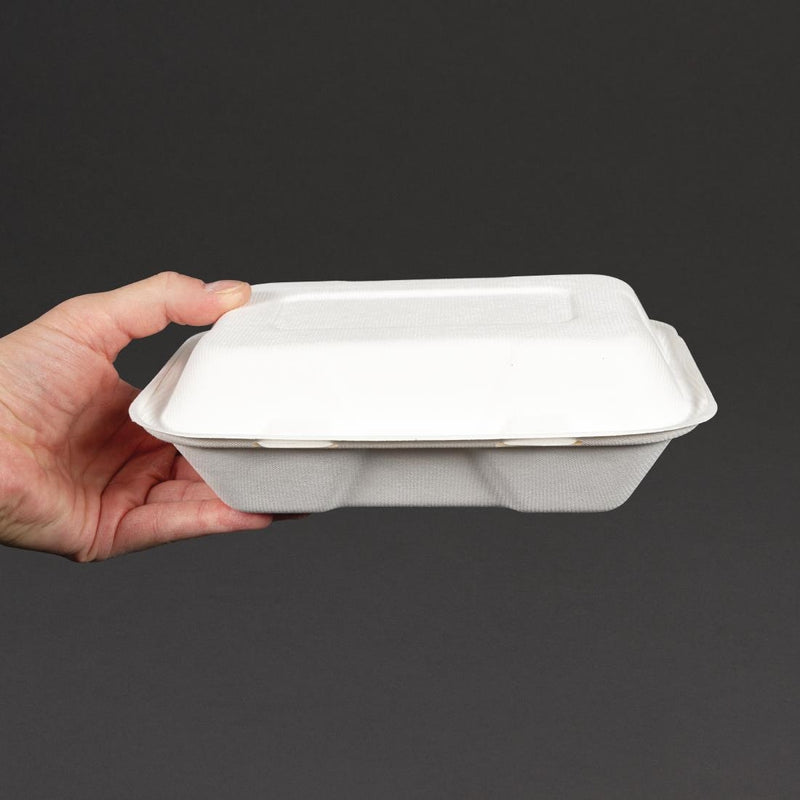 Vegware kompostierbare Bagasse-Mahlzeitenboxen mit Scharnier, 228 mm