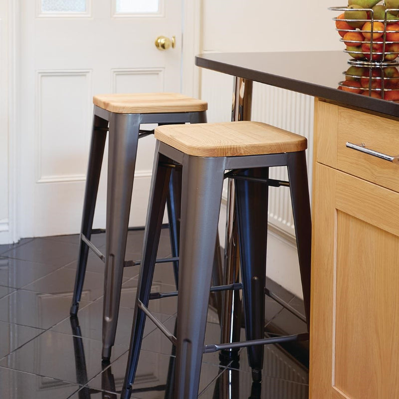 Bolero Bistro High Stools with Wooden Seat Pad Gun Metal (Pack of 4)