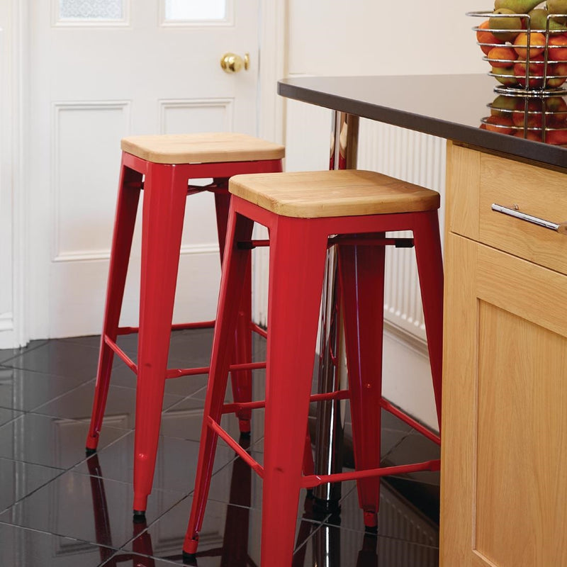 Bolero Bistro High Stools with Wooden Seat Pad Red (Pack of 4)