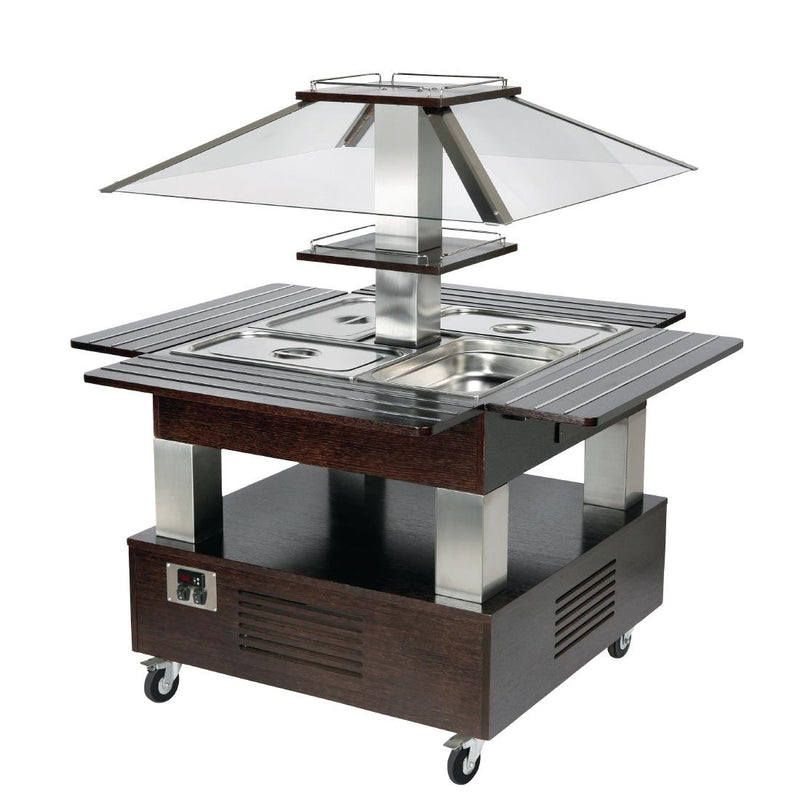 Roller Grill gekühlte Salatbar, quadratisch, dunkles Holz