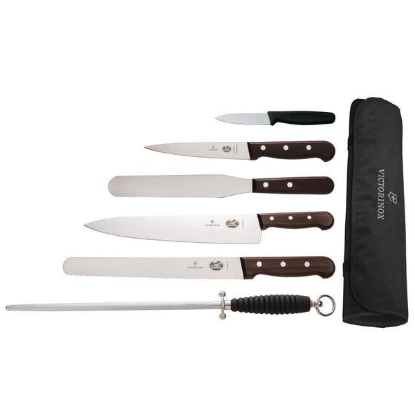 Victorinox 6-teiliges Palisander-Messerset mit 20-cm-Kochmesser und Brieftasche