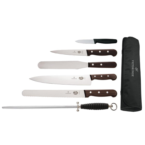 Victorinox 6-teiliges Palisander-Messerset mit 25-cm-Kochmesser und Brieftasche