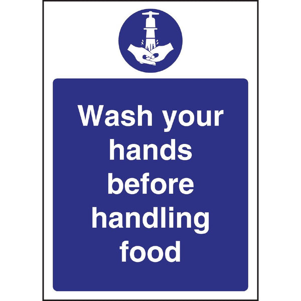 Vogue-Schild „Hände waschen vor dem Umgang mit Lebensmitteln“.