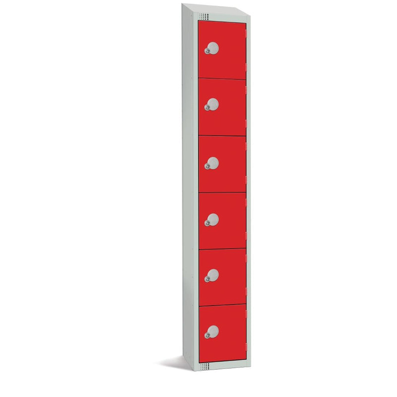 Elite-Schließfach mit sechs Türen, manueller Zahlenkombination, rot, mit abgeschrägter Oberseite